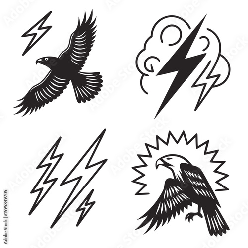 Black eagles and lightning bolts icons bird flying