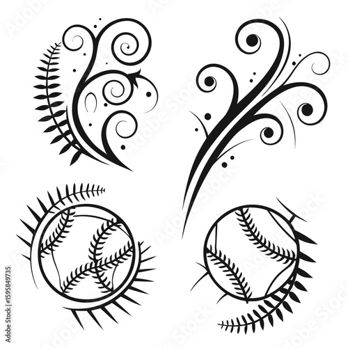 Black floral swirls and baseballs with fern accents white