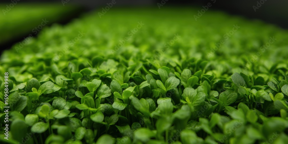 Fresh green microgreens densely cover the surface, showcasing vibrant small leaves in a close-up shot with a blurred background. Fresh green microgreens densely cover the surface, showcasing vibrant small leaves in a close-up shot with a blurred background.
