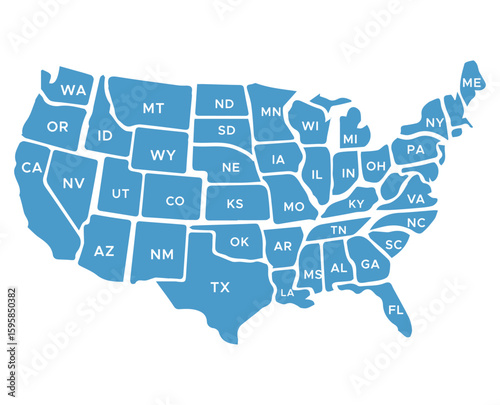 Blue United States Map with State Abbreviations – High-Resolution Vector Map of the United States of America.