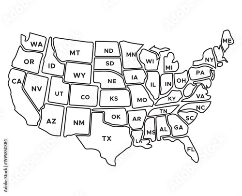 United States Outlined Map with State Abbreviations – High-Resolution Vector Map of the United States of America.
