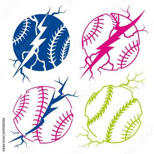 Blue pink green baseballs cracked lightning bolt abstract vector