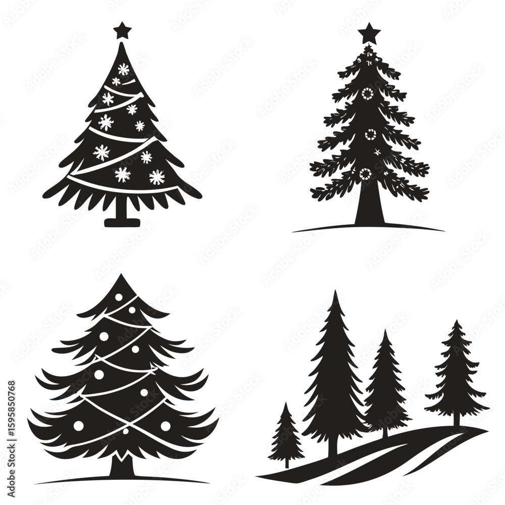 Obraz premium Black Christmas Tree Icons Vector Set Four Styles christmas trees 1