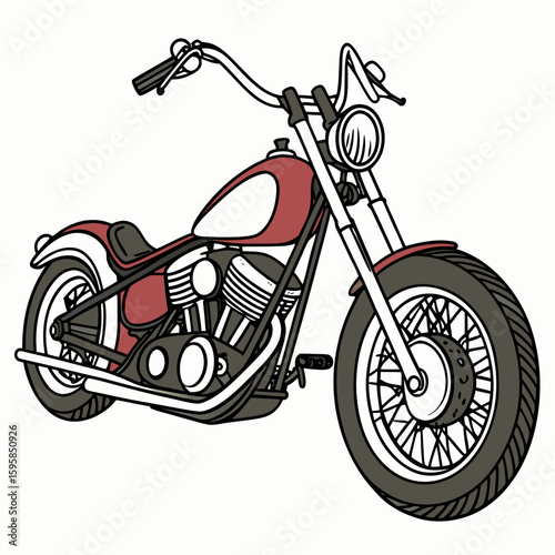 Custom motorcycle with red fuel tank and high handlebars chopper cruiser