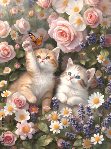 El encanto de dos gatos en un paraíso de flores