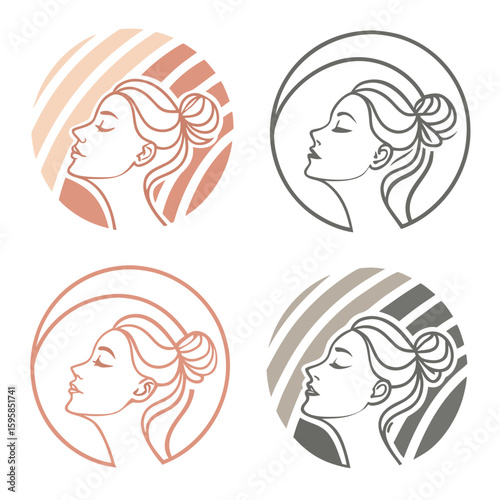Elegant female profiles with abstract circular designs woman face