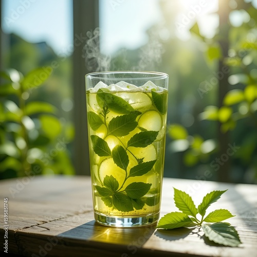 A refreshing glass of cucumber and mint infused water on a wooden table in bright sunlight outdoors