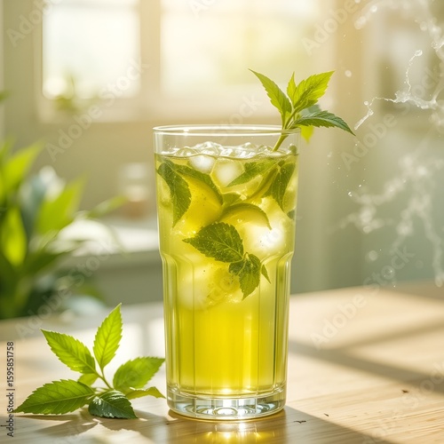 Refreshing drink with ice and mint leaves in glass on table near window in bright sunlight scene
