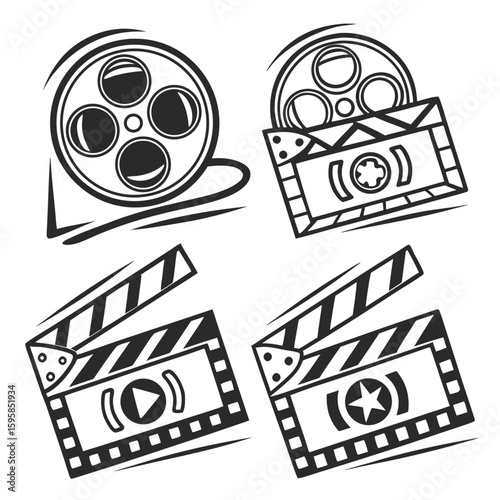 Film reel and clapperboard icons cinema movie