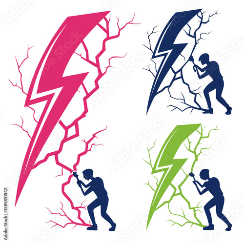 Figures pushing against cracked lightning bolts silhouette