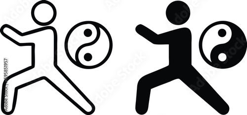 Tai Chi icons. Black and White Vector Icons. A man does health-improving exercises. Symbol of Yin and Yang. Alternative Medicine. Healthy lifestyle. Wellness Concept
