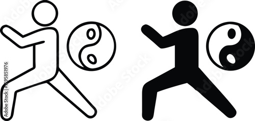 Tai Chi icons. Black and White Vector Icons. A man does health-improving exercises. Symbol of Yin and Yang. Alternative Medicine. Healthy lifestyle. Wellness Concept
