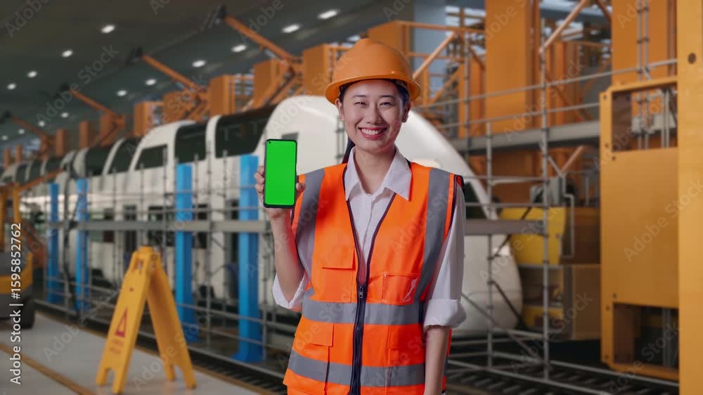 Asian Female Engineer With Safety Helmet Smiling And Showing Green Screen Smartphone To The Camera, Train Maintenance Engineers in a Depot