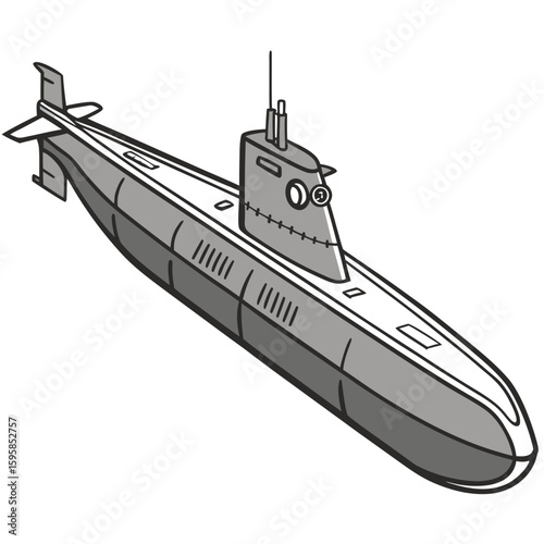 Gray submarine with periscope and fins naval military