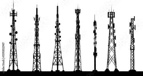 monochrome telecommunication towers, varied designs, silhouette style, white background, vector graphic