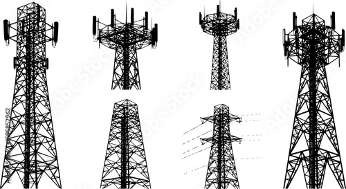 monochrome telecommunication towers, varied designs, silhouette style, white background, vector graphic