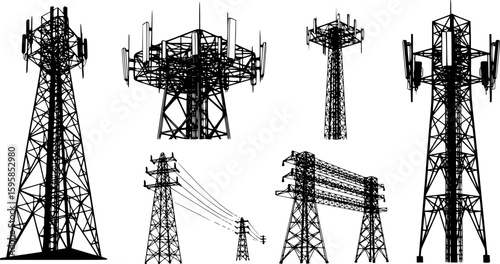 monochrome telecommunication towers, varied designs, silhouette style, white background, vector graphic
