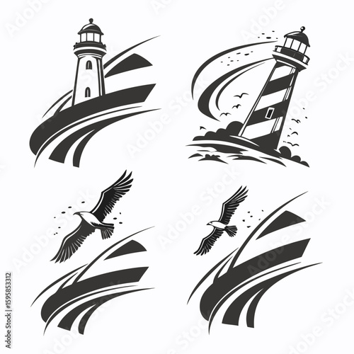 Lighthouse and soaring eagle graphic elements bird flying