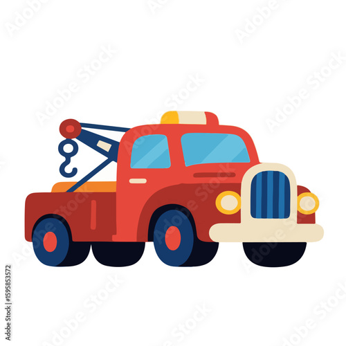 Tow truck vector in red vintage style with bold front grill, suitable for retro-themed designs, educational books, and classic vehicle illustration needs.