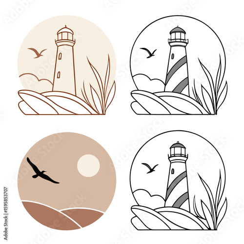 Minimalist lighthouse coastal scene with birds and foliage ocean nautical