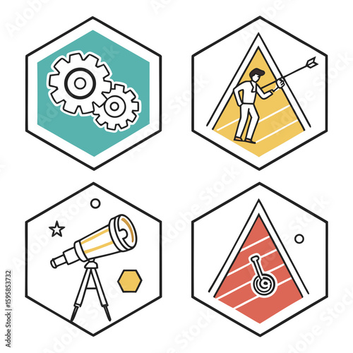 Minimalistic icons featuring gears telescope archer and target vector icons