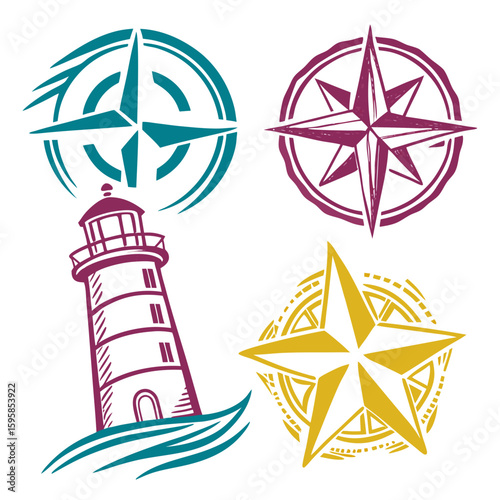 Nautical compasses and lighthouse art maritime