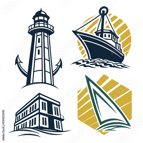 Nautical icons lighthouse ship building sailboat maritime icons