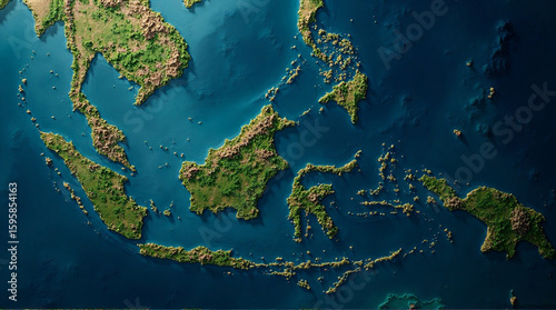 Top down aerial view of the Indonesian archipelago showcasing lush green islands surrounded by deep blue ocean waters