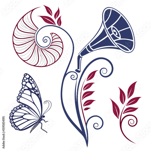 Ornate floral elements with butterfly and gramophone vintage decorative