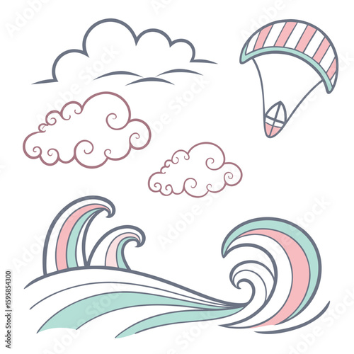 Pastel colored sky and sea elements clouds waves