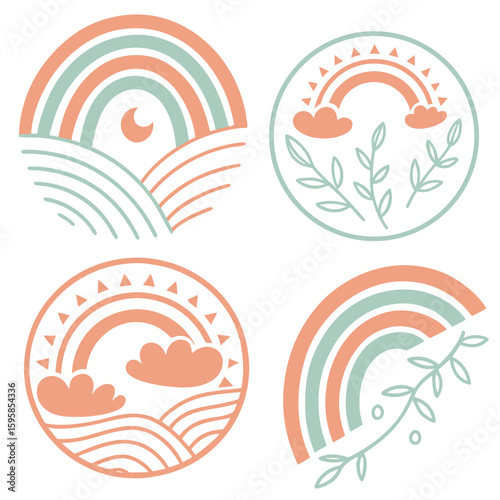 Pastel Rainbows Clouds Sun and Leaves Circular Designs vector