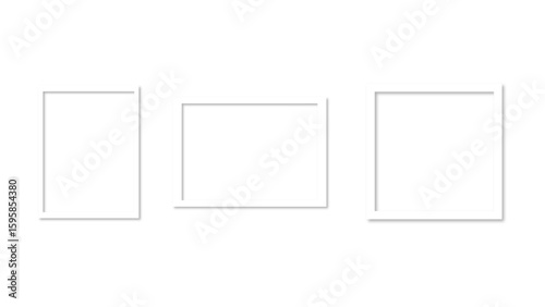 Empty white photo frame set with shadow. Retro vintage photograph with transparent adhesive tape. Digital snapshot image. Template or mockup for design. Vector illustration
