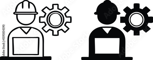 Engineer Icons. Black and White Vector Illustrations. Man in Helmet and Laptop, 
