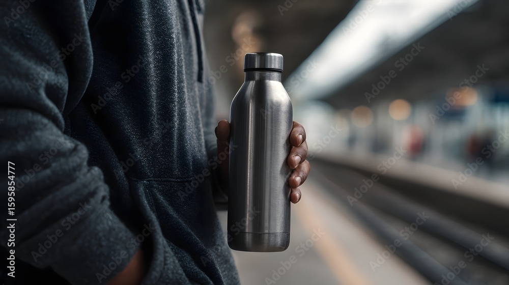 Naklejka premium A person holding a metal water bottle at a train station