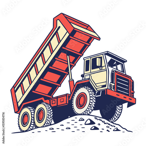 Red and yellow dump truck on dirt construction vehicle