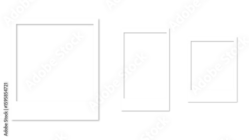 Empty white photo frame set with shadow. Retro vintage photograph with transparent adhesive tape. Digital snapshot image. Template or mockup for design. Vector illustration