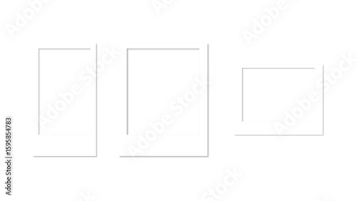 Empty white photo frame set with shadow. Retro vintage photograph with transparent adhesive tape. Digital snapshot image. Template or mockup for design. Vector illustration