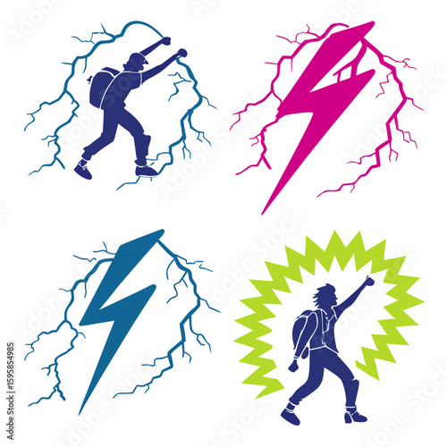 Silhouette figures with jagged lightning bolts and bursts person backpack