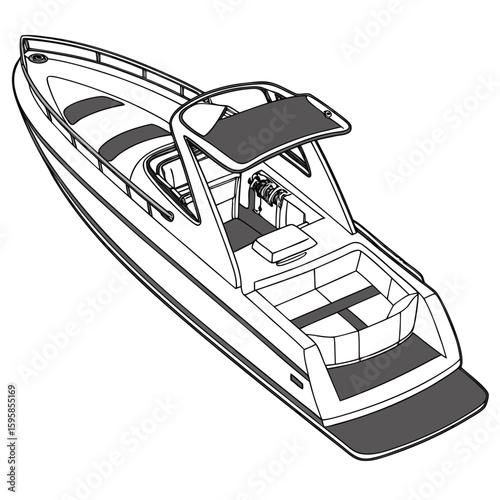 Sleek white motor yacht with dark grey accents and sun deck motorboat boat