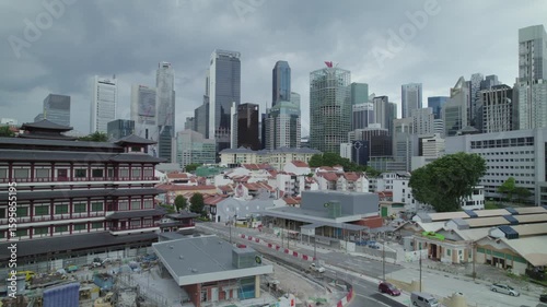 Singapore Content : Drone aerial view of Singapore City Skyline from China town, Singapore - Circa June 2022