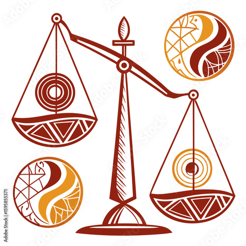 Stylized balance scales with circular emblems justice equilibrium