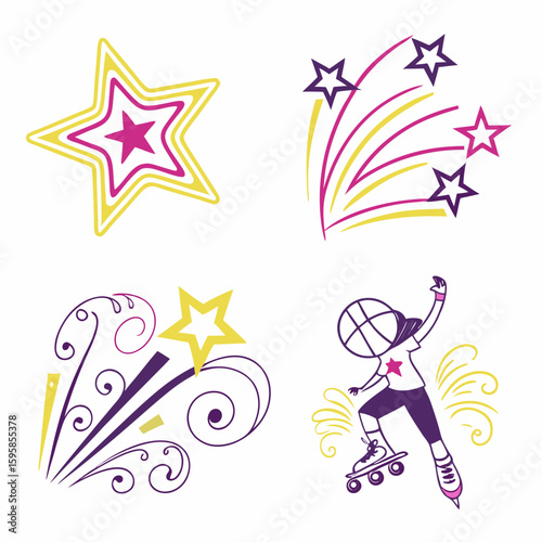 Starbursts and roller skater with purple and yellow accents vector