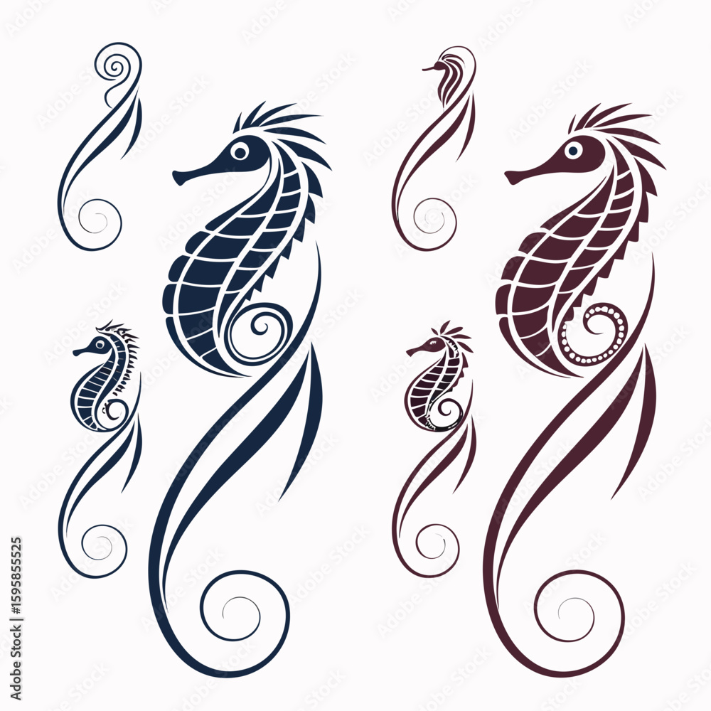 Fototapeta premium Stylized seahorse motifs dark blue and burgundy illustration marine life