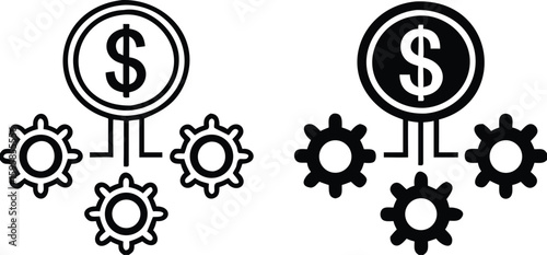 Operational Costs Icons. Black and White Vector Illustrations. Dollar Coin and Gear. Delivery Service. Logistics Concept
