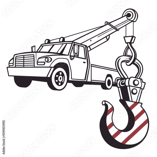 Tow truck with large hook and red stripes crane towing