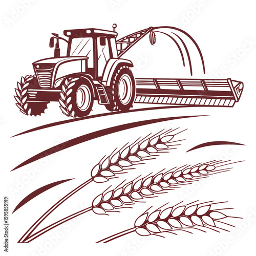 Tractor harvesting wheat field agriculture harvester