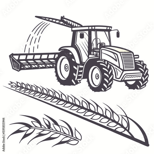 Tractor harvesting wheat with stalks harvester agriculture