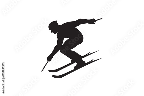 Silhouette of a Skier in Action Downhill Skiing with Poles on a White Background Perfect for Sports Recreation and Winter Themed Designs Vector Illustration