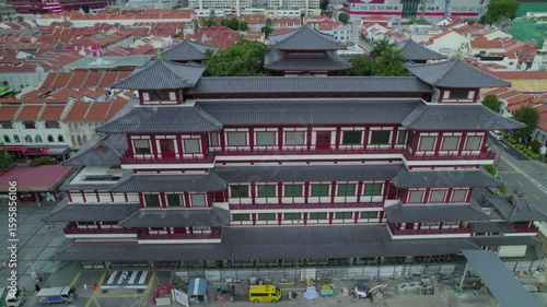 Singapore Content : Aerial drone view of China Town with the famous  Chinese temple landmark in downtown Singapore - Circa June 2022