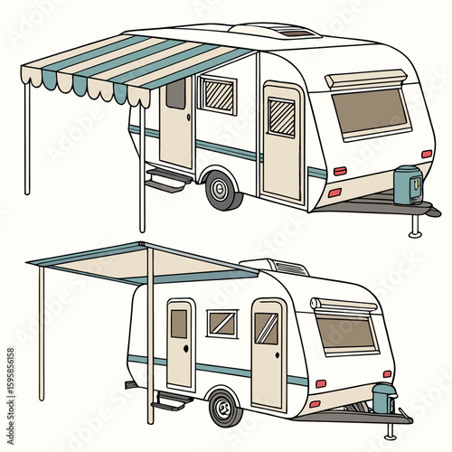 White caravan with blue and beige striped awning and beige canopy camper trailer